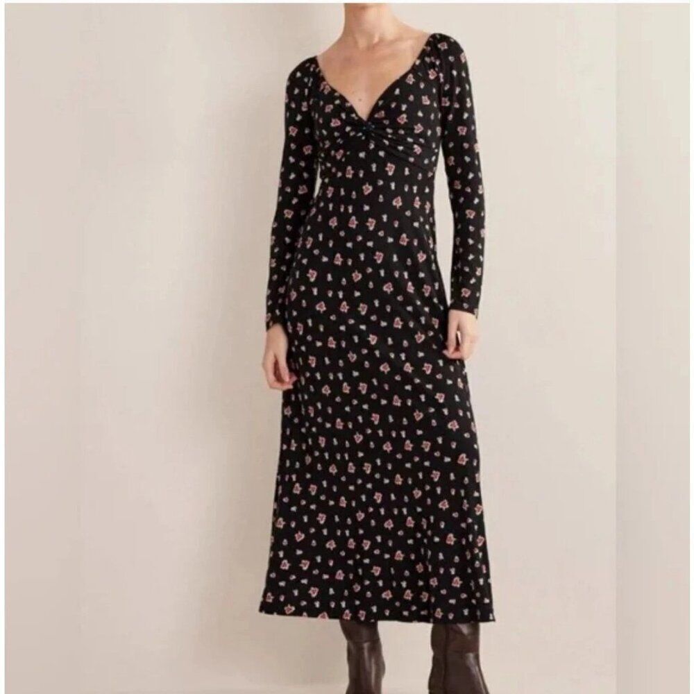 Boden Womens Dress UK 12P US 8P Fit & Flare Black Floral Midi V-Neck D0453 NWT